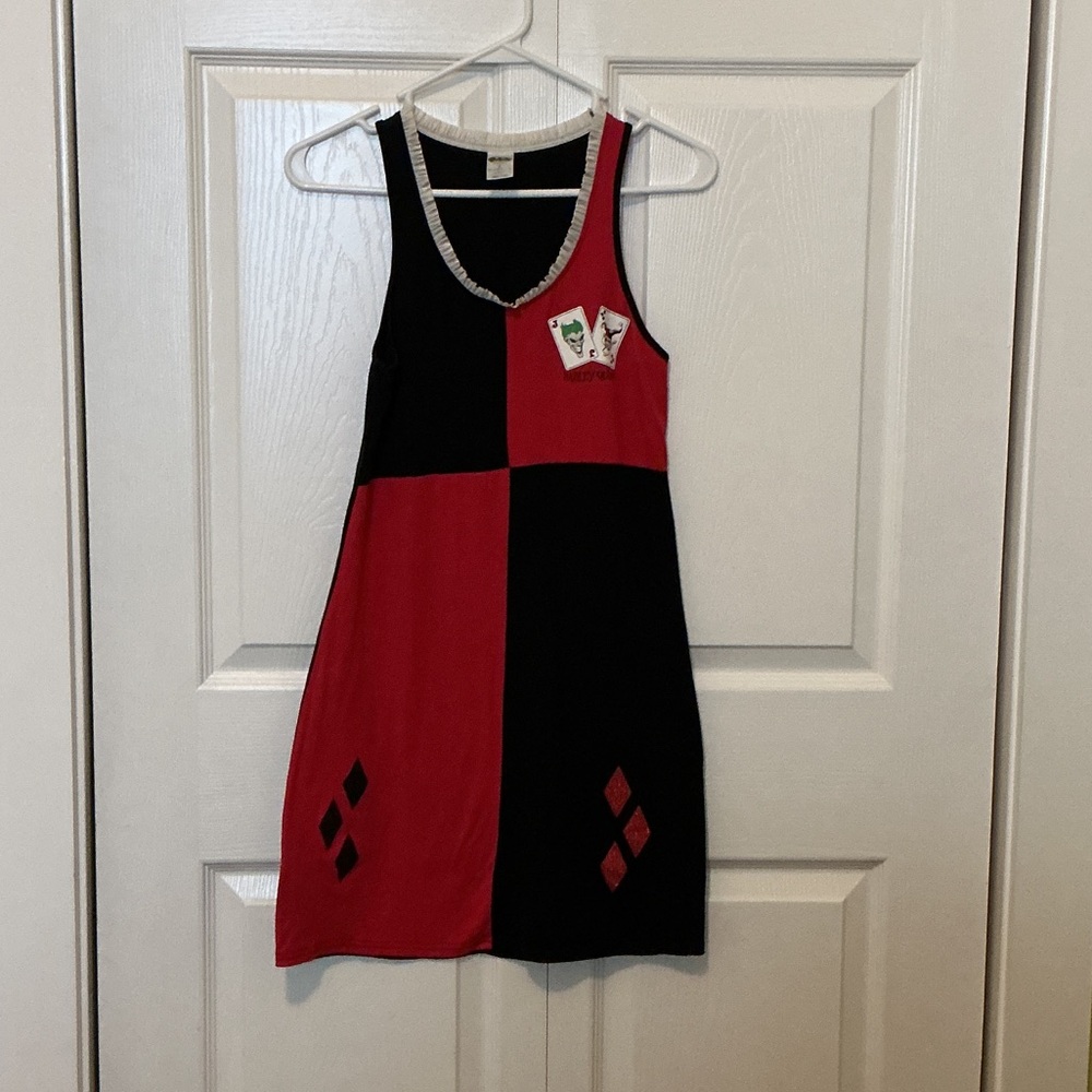 DC Comics Harley Quinn Black/Red Dress with Card Emblems. Knit and spandex